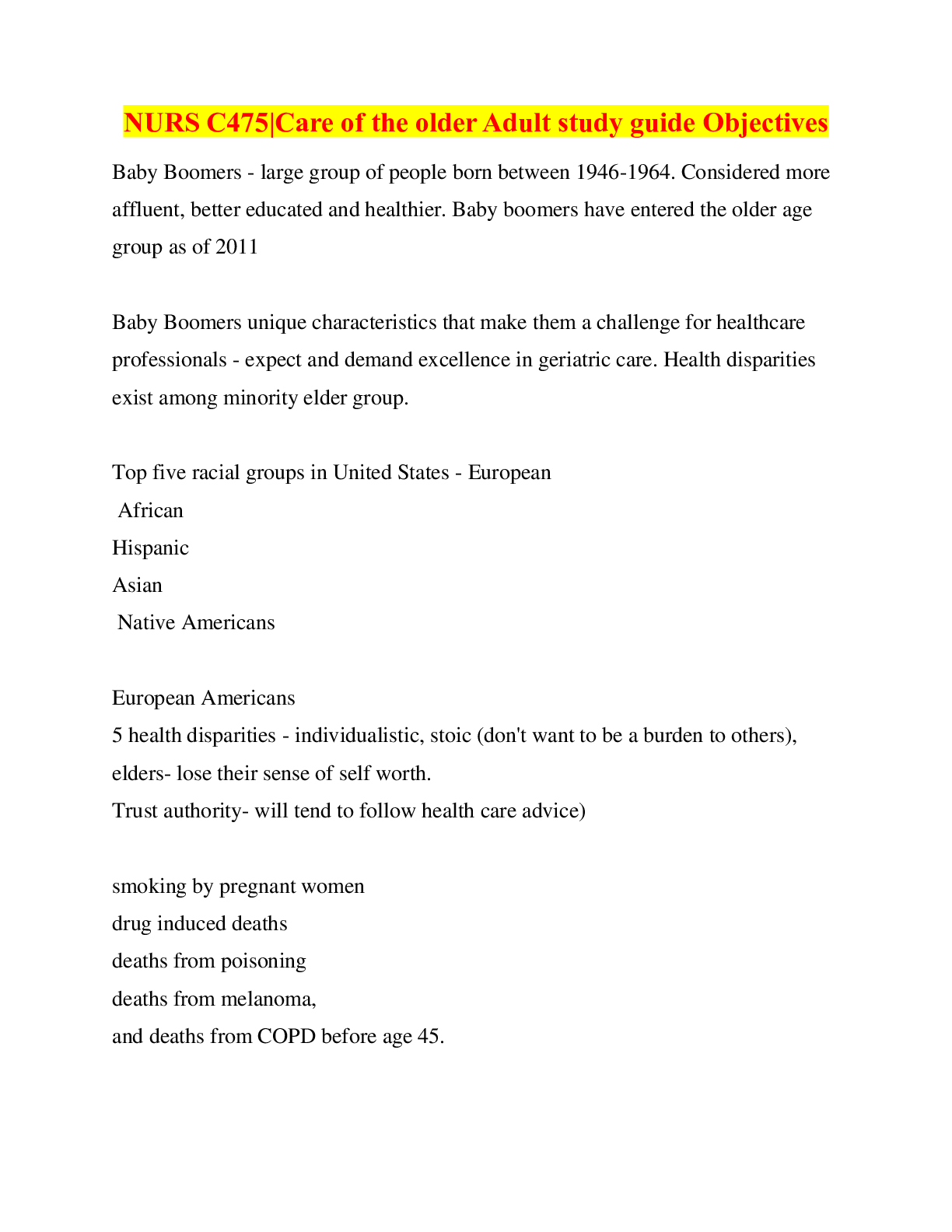 Preview image for Summary NURS C475|Care of the older Adult study guide Objectives